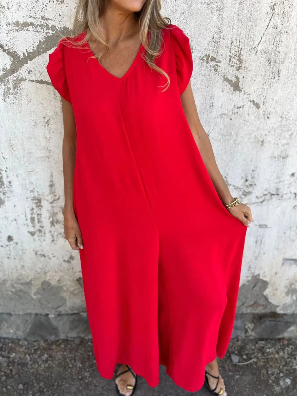 Full Size V-Neck Cap Sleeve Wide Leg Jumpsuit Plus Size | One-Pieces Jumpsuit from PHUNKYN