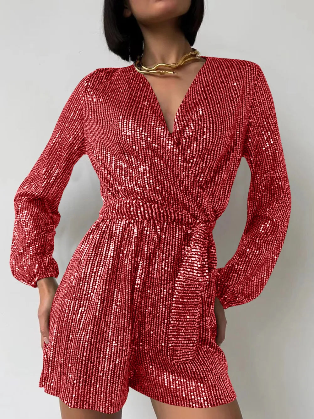 Full Size Sequin Surplice Tie Waist Long Sleeve Romper | Dresses Romper from PHUNKYN