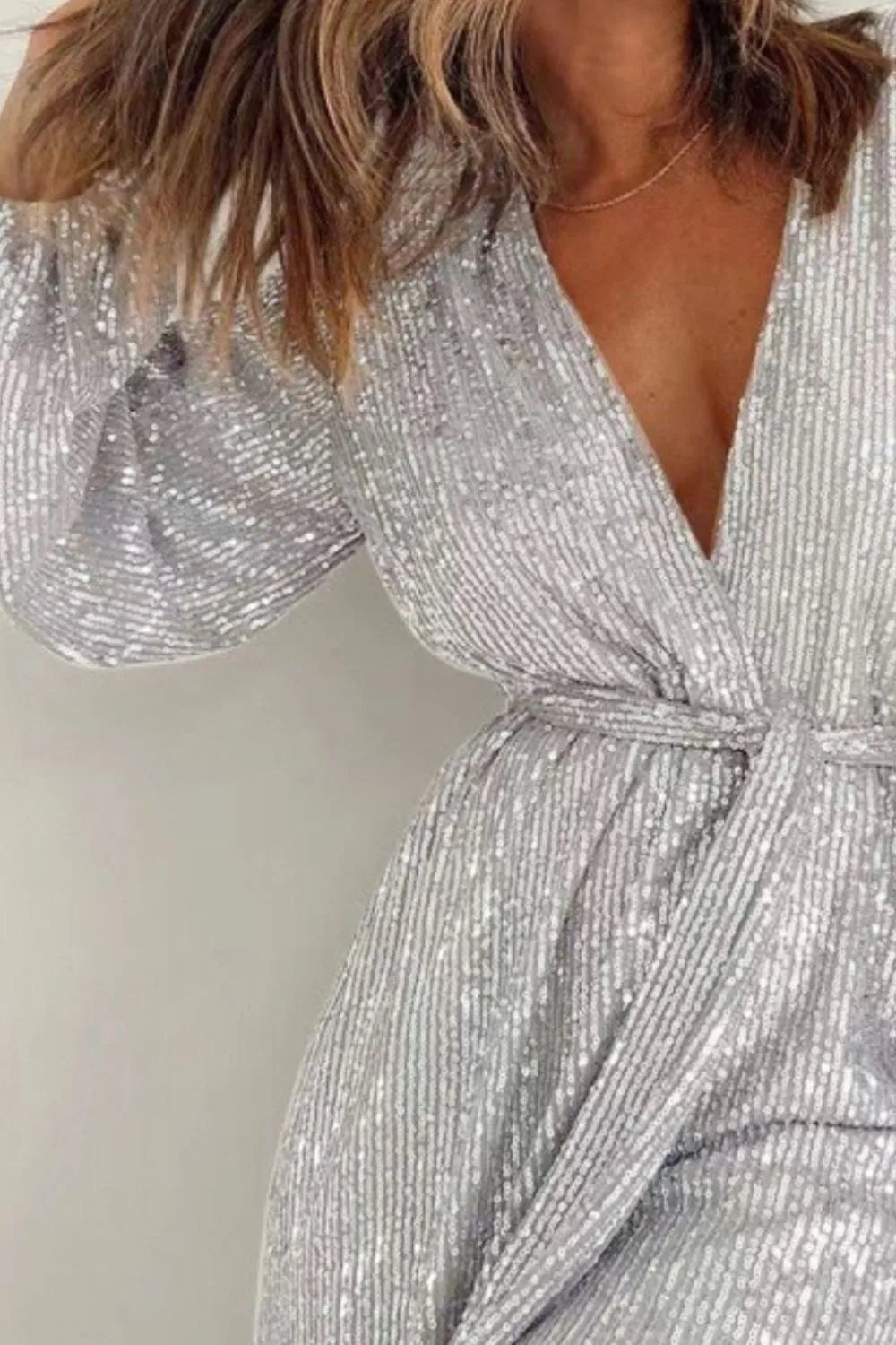 Full Size Sequin Surplice Tie Waist Long Sleeve Romper | Dresses Romper from PHUNKYN