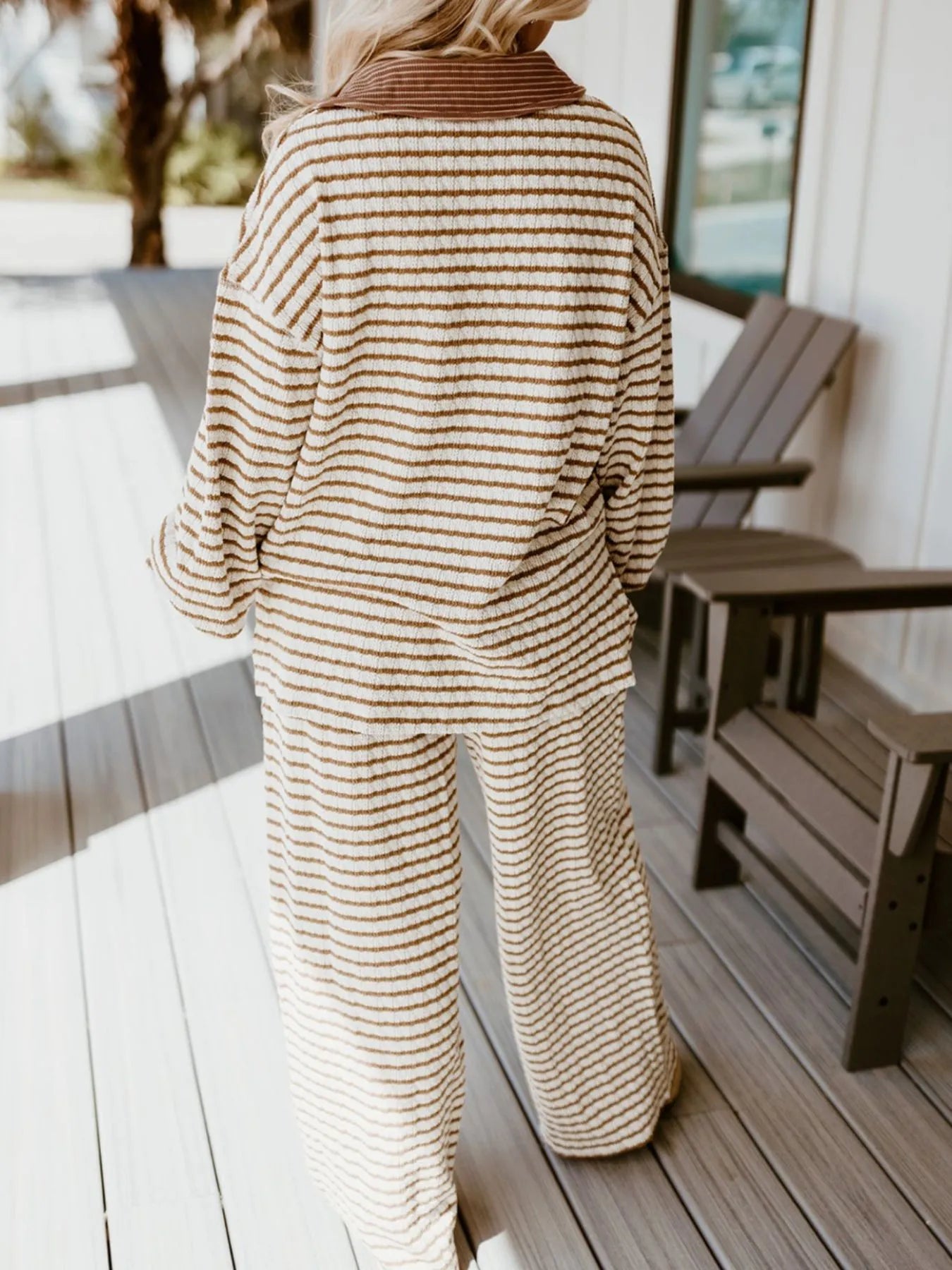 Stripe Collared Top and Drawstring Pant Set | Outfit Sets Top and Pants Set from PHUNKYN