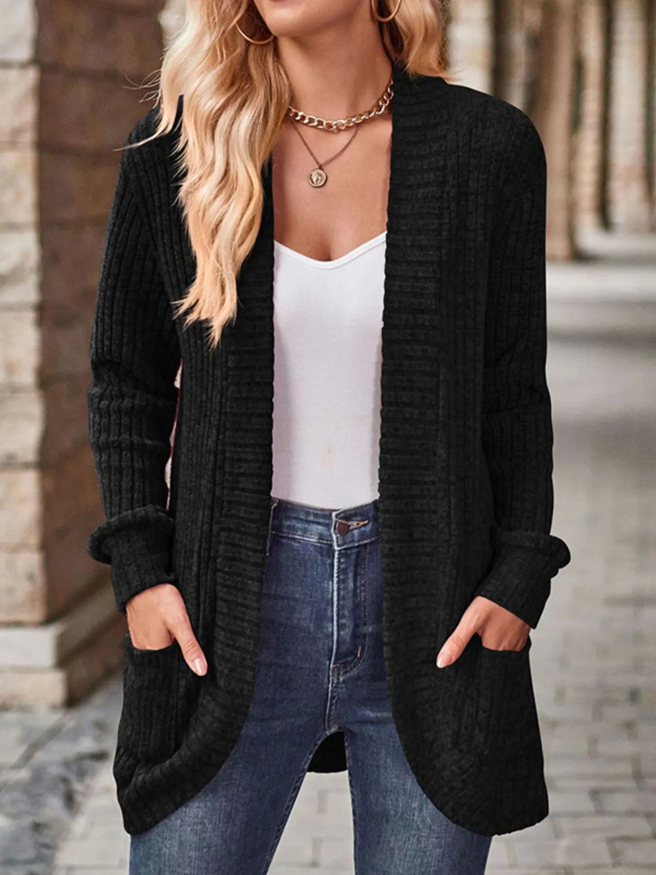 Ribbed Knit Open Front Cardigan with Pockets | Cardigans Cardigan from PHUNKYN
