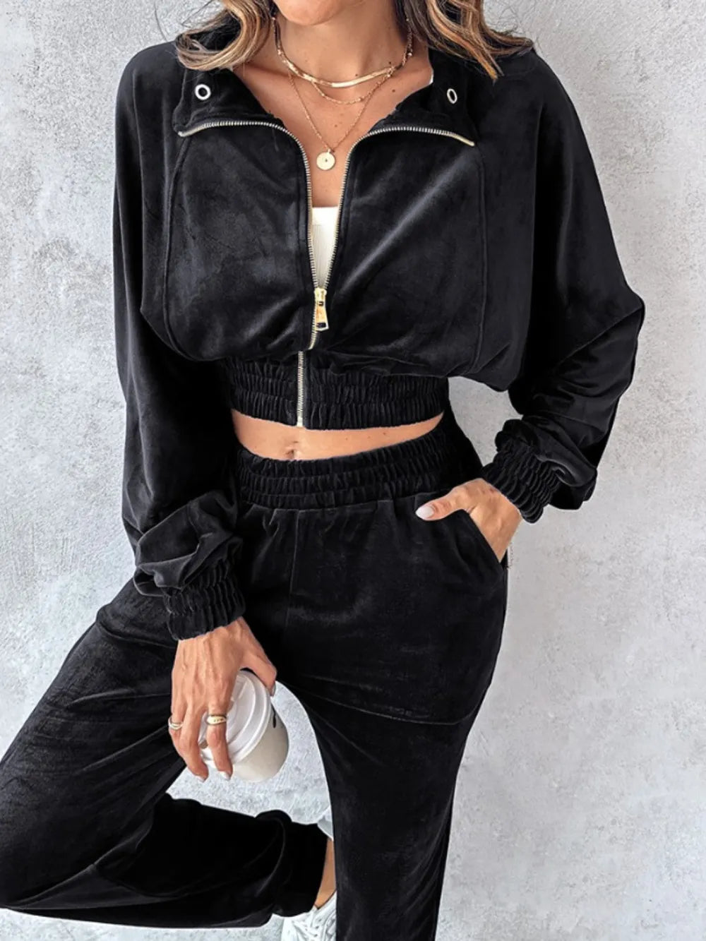Zip Up Long Sleeve Cropped Top and Joggers Set | Outfit Sets Top and Pants Set from PHUNKYN