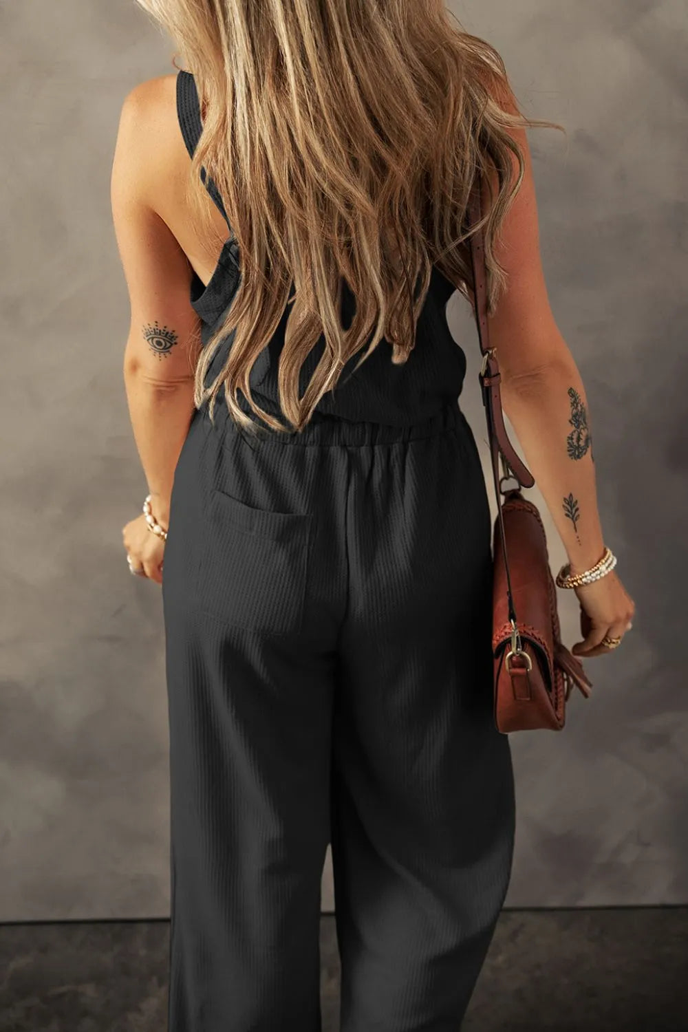 Knotted Straps Button Textured Drawstring Jumpsuit | One-Pieces Jumpsuit from PHUNKYN