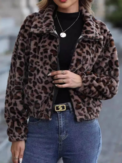 Leopard Collared Neck Zip Up Jacket | Jacket from PHUNKYN