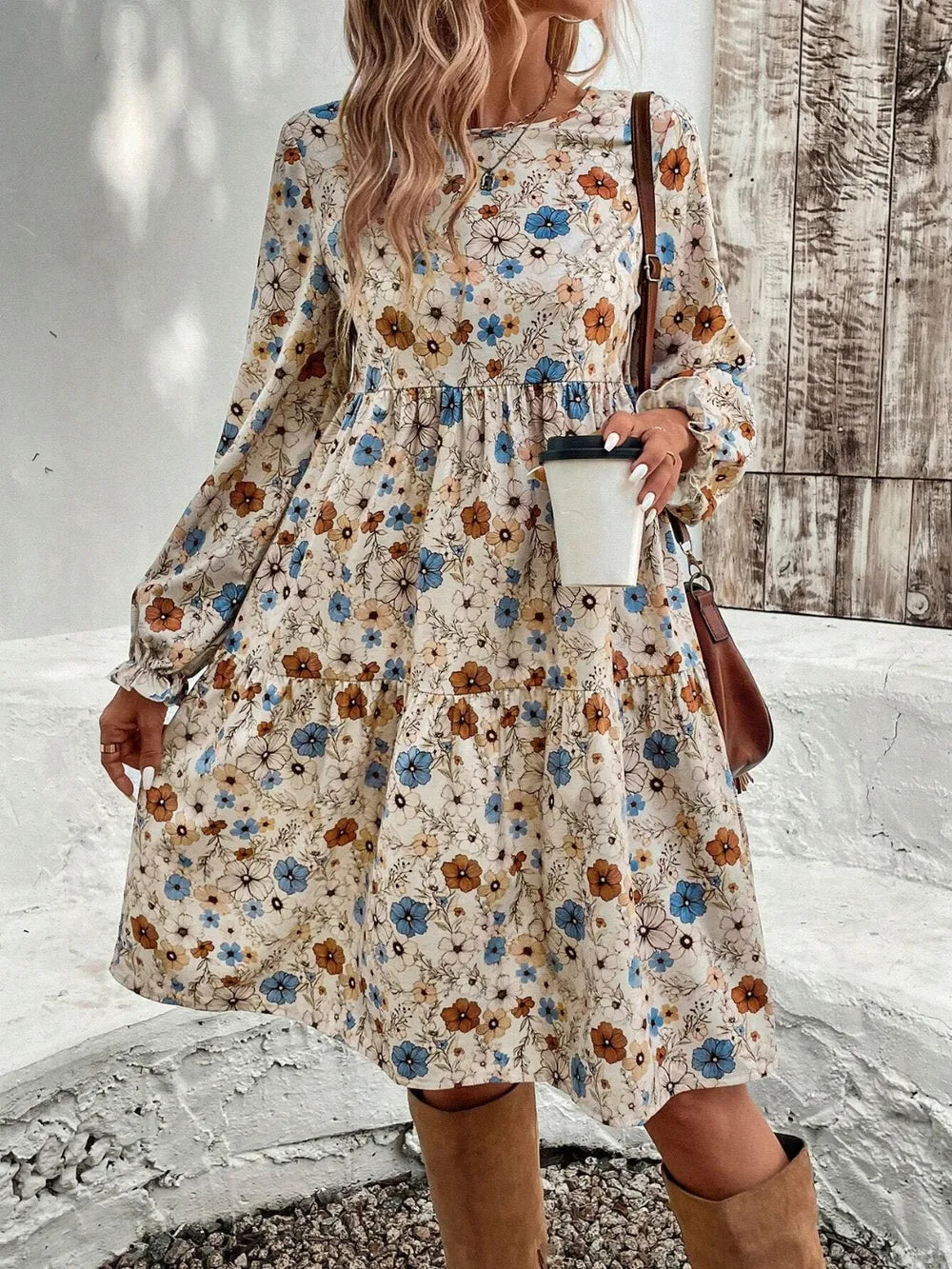 Tiered Floral Round Neck Long Sleeve Dress | Dresses Dress from PHUNKYN