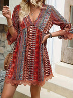Lace Trim Printed V-Neck 3/4 Sleeve Dress | Dresses Dress from PHUNKYN