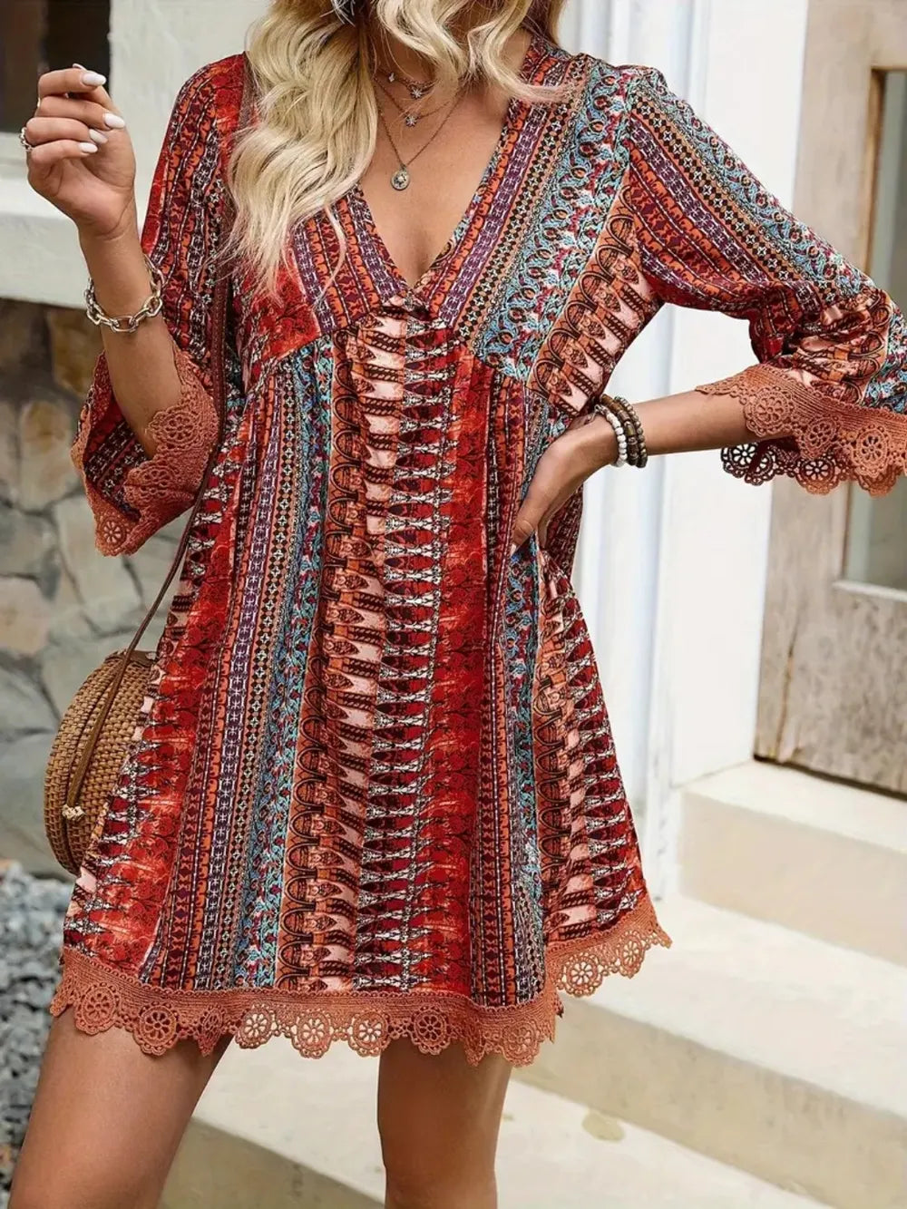 Lace Trim Printed V-Neck 3/4 Sleeve Dress | Dresses Dress from PHUNKYN