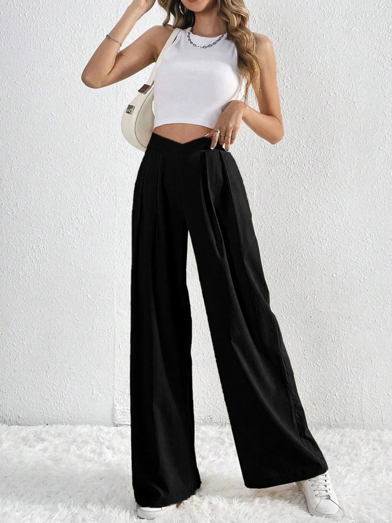 V-Waisted Ruched Front Wide Leg Pants | Trousers Wide Leg Pants from PHUNKYN