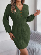 Buttoned Cable-Knit V-Neck Sweater Dress | Dresses Sweater Dress from PHUNKYN