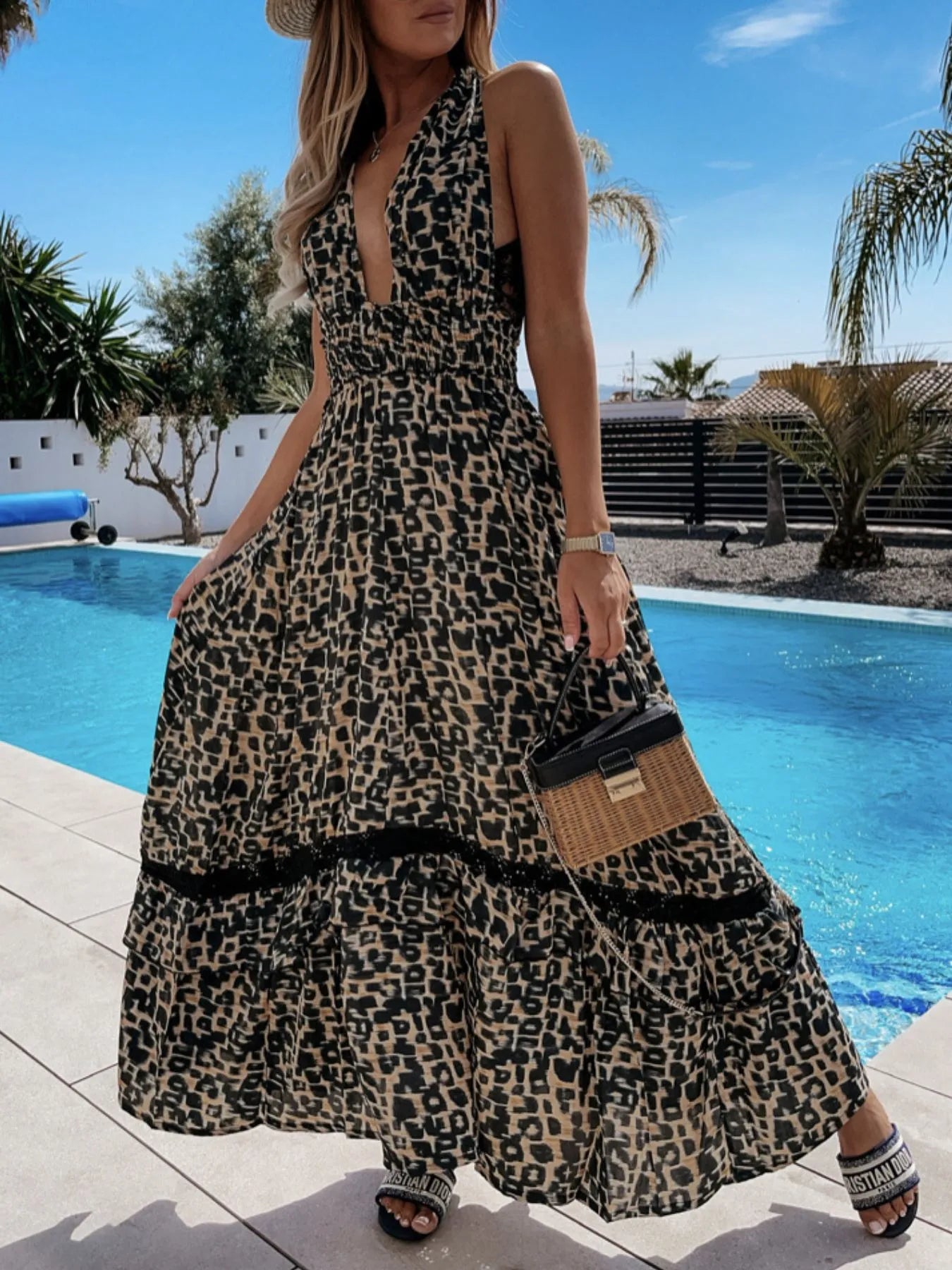 Leopard Print Sleeveless Maxi Dress with Lace Trim | Dresses Maxi Dress from PHUNKYN