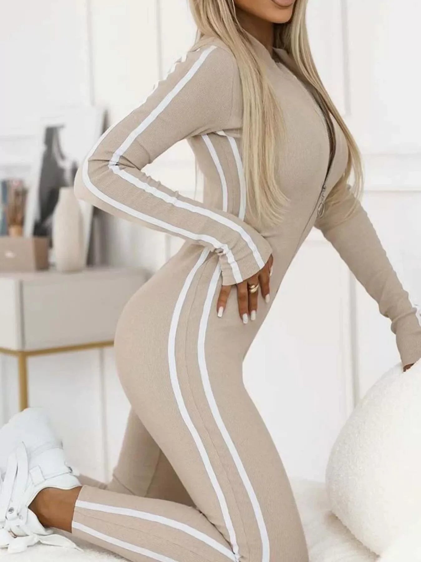 Stripe Zip-Front Long Sleeve Jumpsuit | Jumpsuit from PHUNKYN