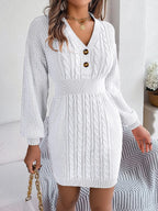 Buttoned Cable-Knit V-Neck Sweater Dress | Dresses Sweater Dress from PHUNKYN