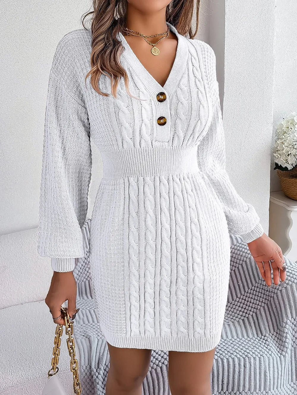 Buttoned Cable-Knit V-Neck Sweater Dress | Dresses Sweater Dress from PHUNKYN