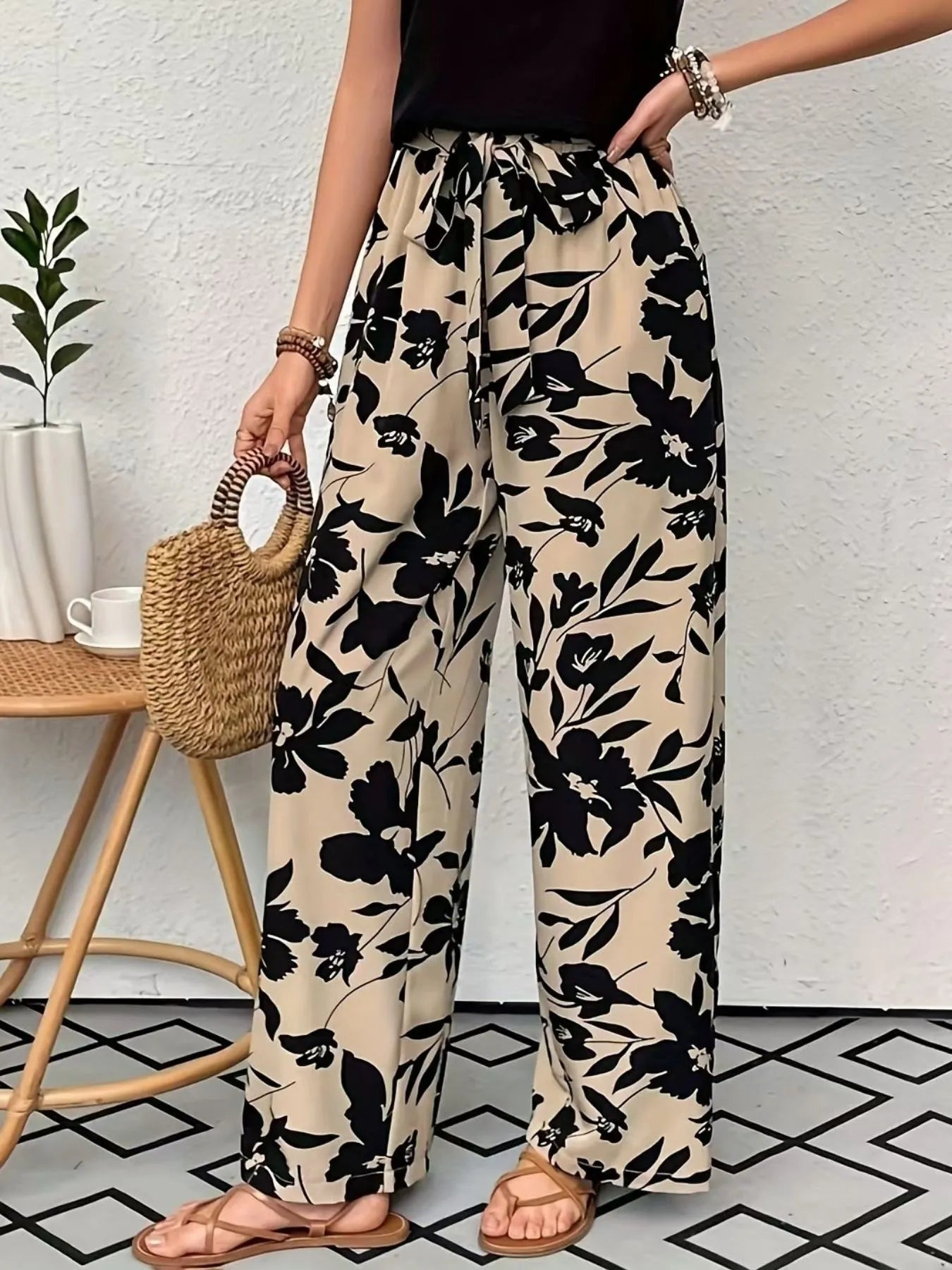 Printed Wide Leg Casual Pants | Trousers Wide Leg Pants from PHUNKYN