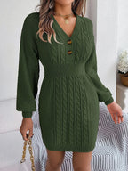 Buttoned Cable-Knit V-Neck Sweater Dress | Dresses Sweater Dress from PHUNKYN