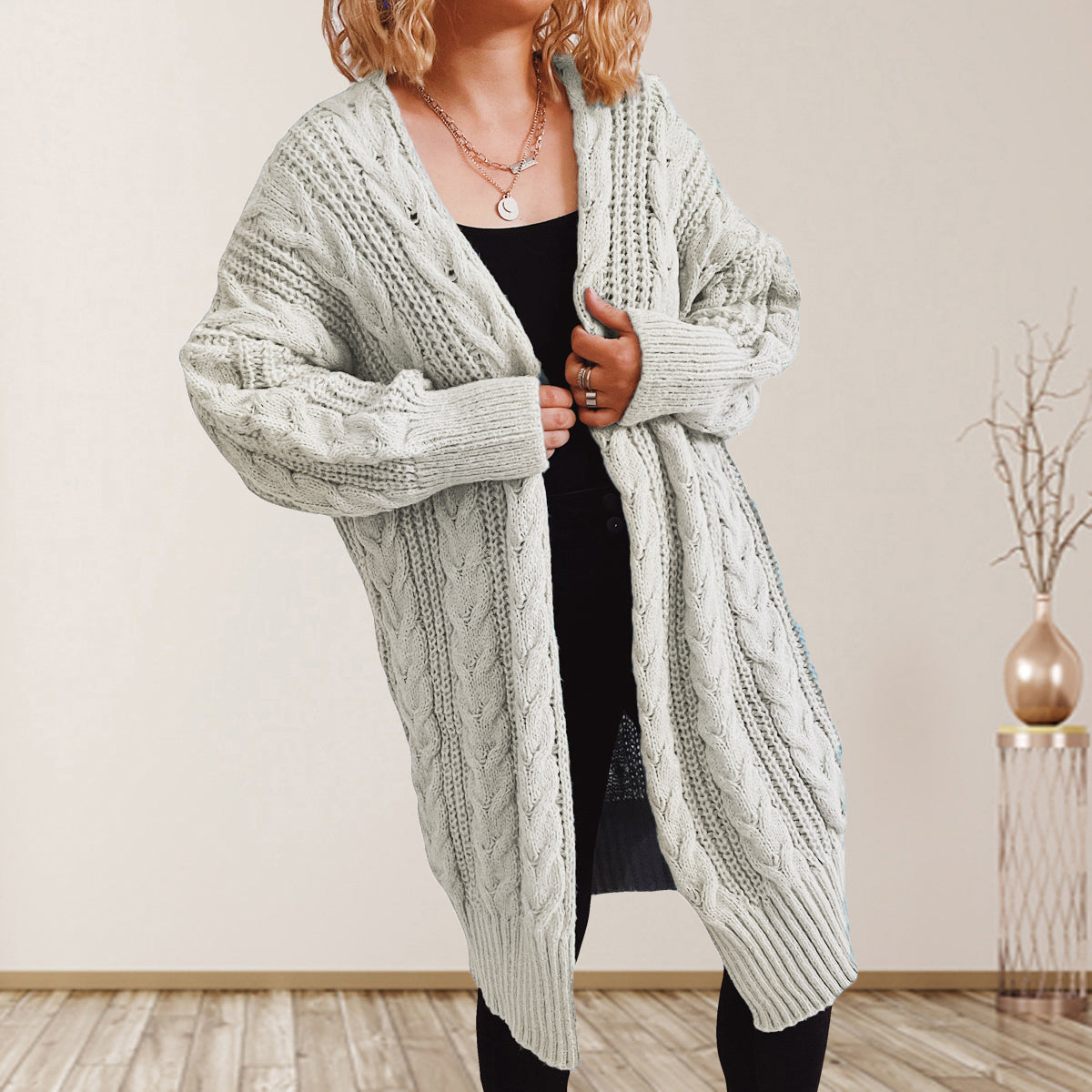 Cable-Knit Open Front Dropped Shoulder Cardigan | Cardigans Cardigan from PHUNKYN
