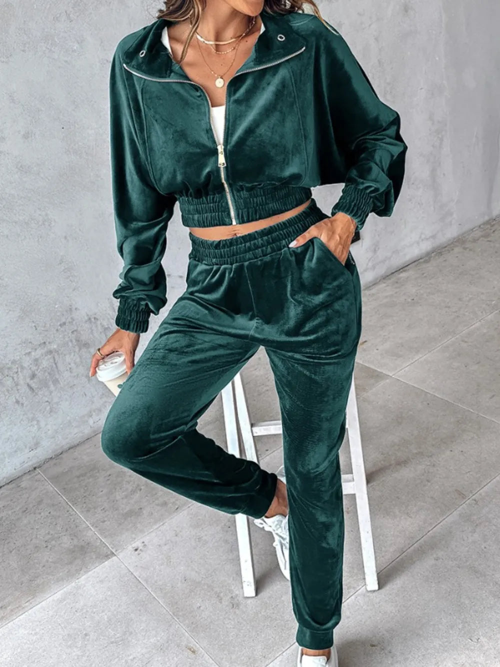 Zip Up Long Sleeve Cropped Top and Joggers Set | Outfit Sets Top and Pants Set from PHUNKYN