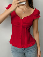 Frill Ruched Cap Sleeve Blouse | Blouses Blouse from PHUNKYN