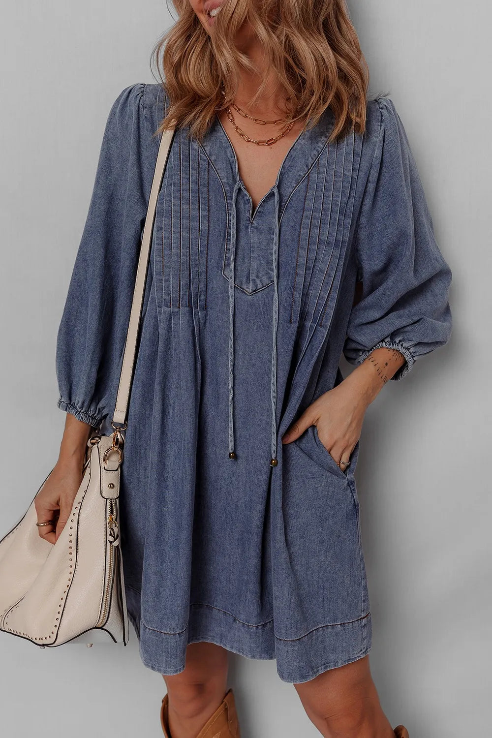 Tie Neck Long Sleeve Mini Denim Dress | Dresses Denim Dress from PHUNKYN