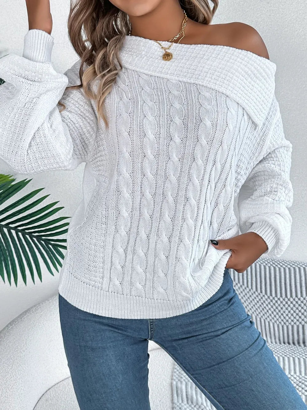 Cable-Knit One Shoulder Long Sleeve Sweater | Sweaters Sweater from PHUNKYN