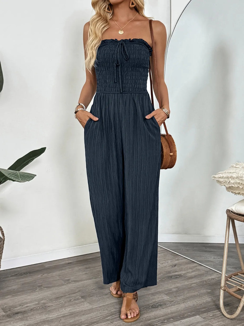 Smocked Tube Wide Leg Jumpsuit One-Pieces Jumpsuit PHUNKYN