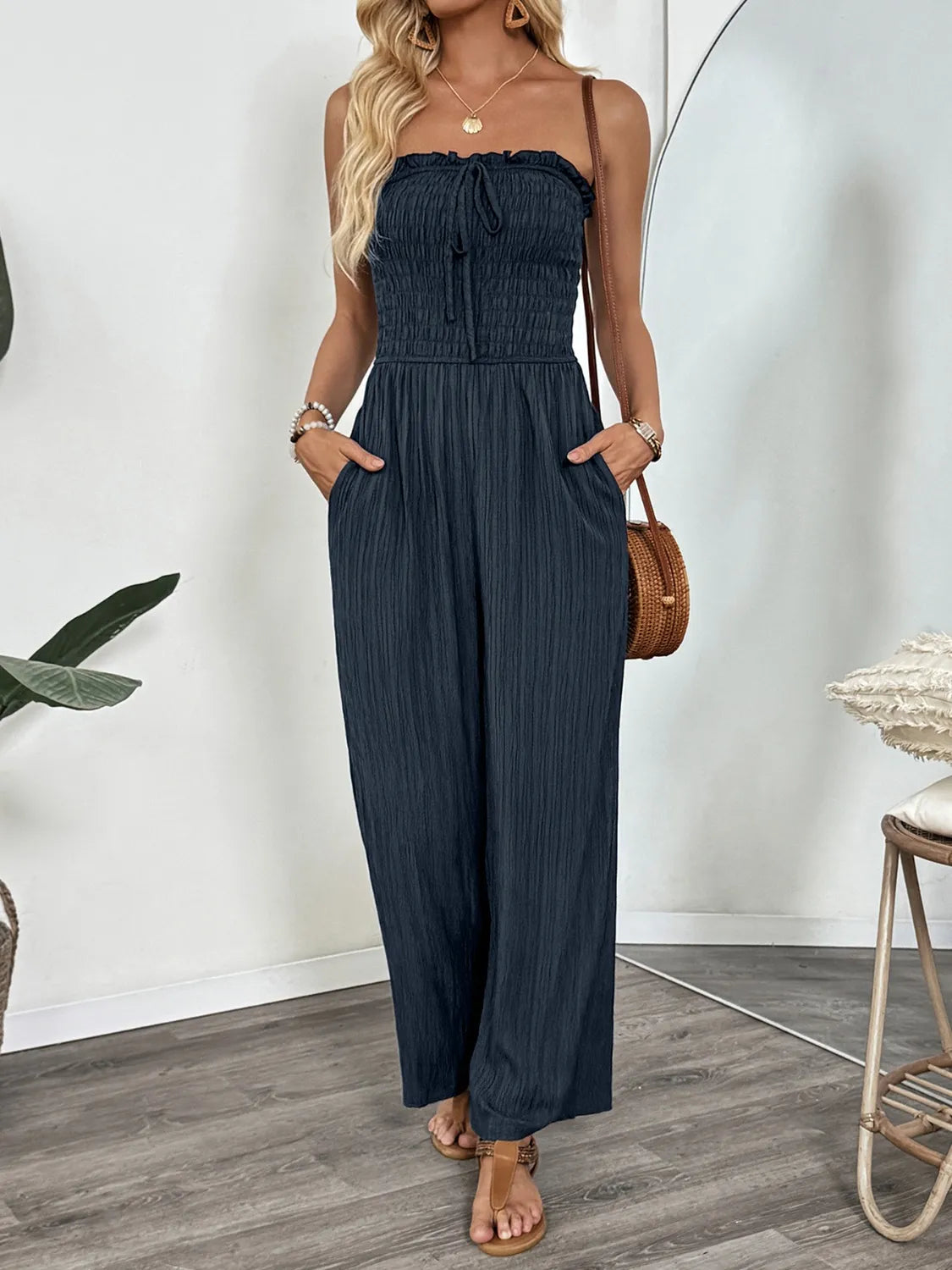 Smocked Tube Wide Leg Jumpsuit One-Pieces Jumpsuit PHUNKYN