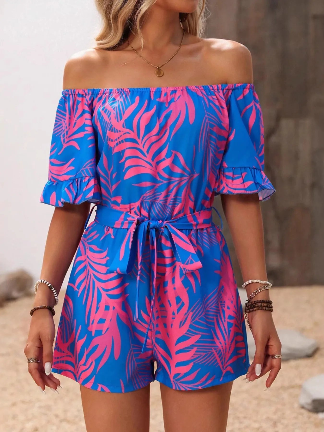 Tropical Print Off-Shoulder Romper | One-Pieces Romper from PHUNKYN