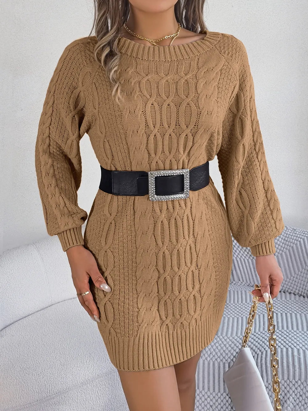 Cable-Knit Round Neck Sweater Dress | Dresses Sweater Dress from PHUNKYN