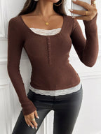 Lace Detail Long Sleeve Ribbed Top | Sweaters Top from PHUNKYN