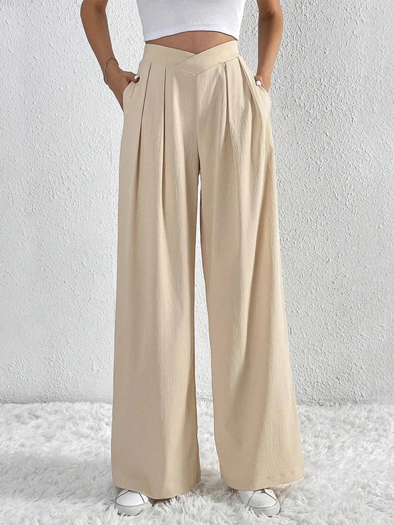V-Waisted Ruched Front Wide Leg Pants | Trousers Wide Leg Pants from PHUNKYN