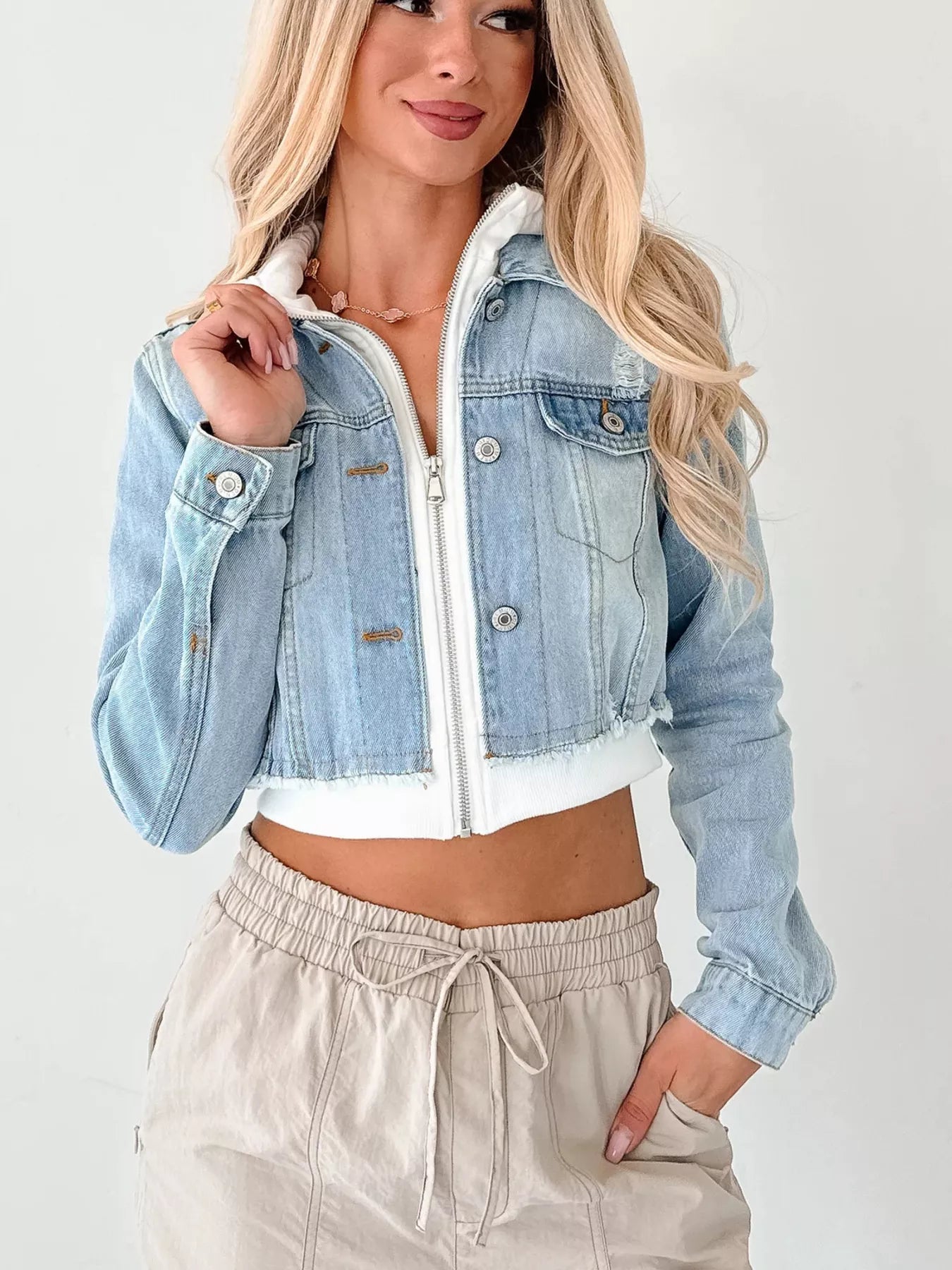 Distressed Zip Up Cropped Hooded Denim Jacket | Jacket from PHUNKYN