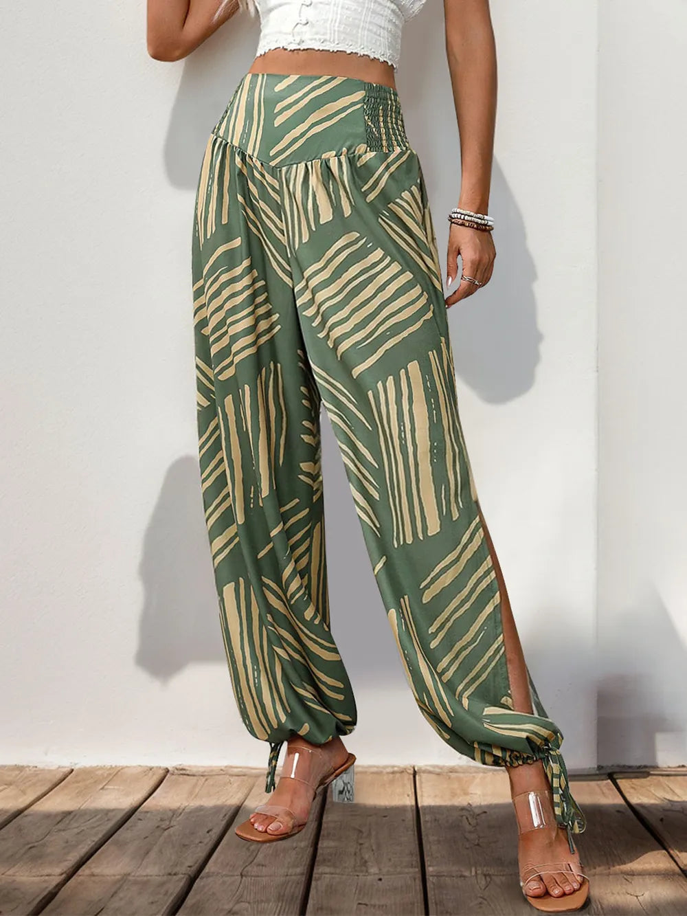 Perfee Smocked Slit Printed High Waist Pants | Pants Side Slit Pants from PHUNKYN