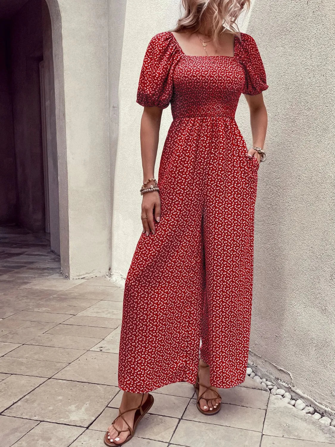 Printed Square Neck Puff Sleeve Jumpsuit | One-Pieces Jumpsuit from PHUNKYN