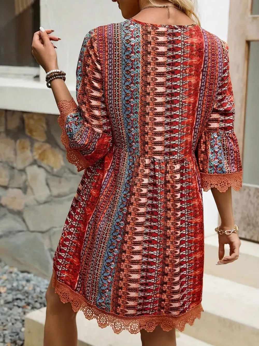 Lace Trim Printed V-Neck 3/4 Sleeve Dress | Dresses Dress from PHUNKYN