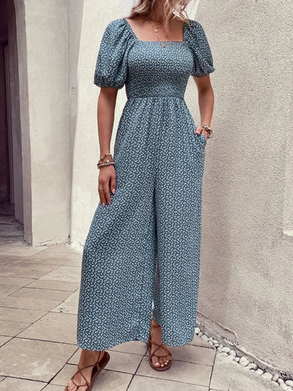 Printed Square Neck Puff Sleeve Jumpsuit | One-Pieces Jumpsuit from PHUNKYN