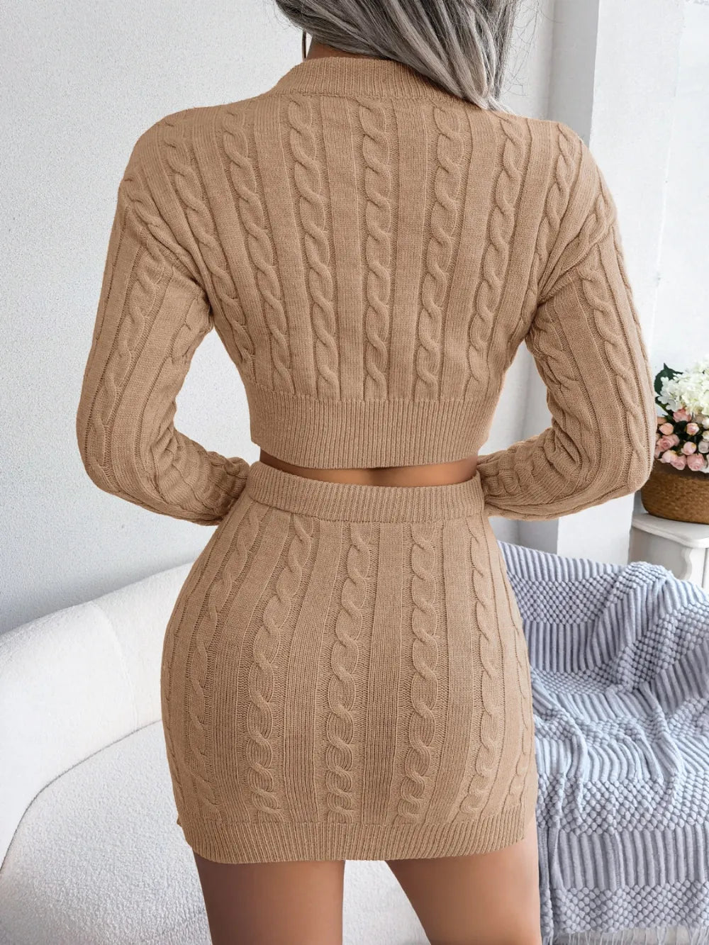 Cable-Knit Round Neck Top and Skirt Sweater Set | Outfit Sets Top and Skirt Set from PHUNKYN