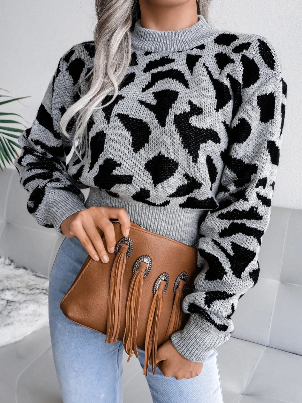 Leopard Round Neck Dropped Shoulder Sweater | Sweaters Sweater from PHUNKYN