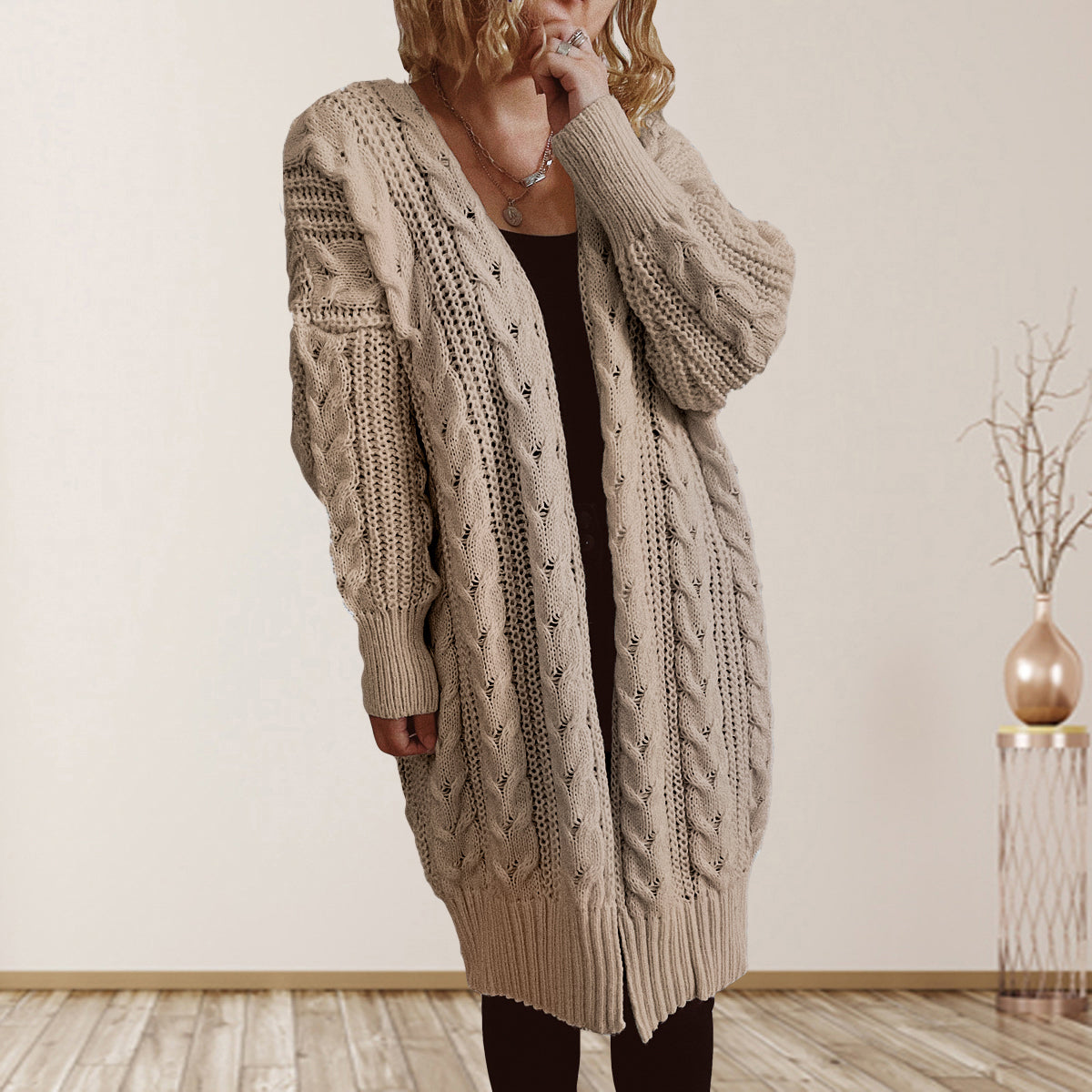 Cable-Knit Open Front Dropped Shoulder Cardigan | Cardigans Cardigan from PHUNKYN
