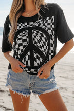 Checkered Peace Sign Round Neck T-Shirt | T-Shirts T-Shirt from PHUNKYN