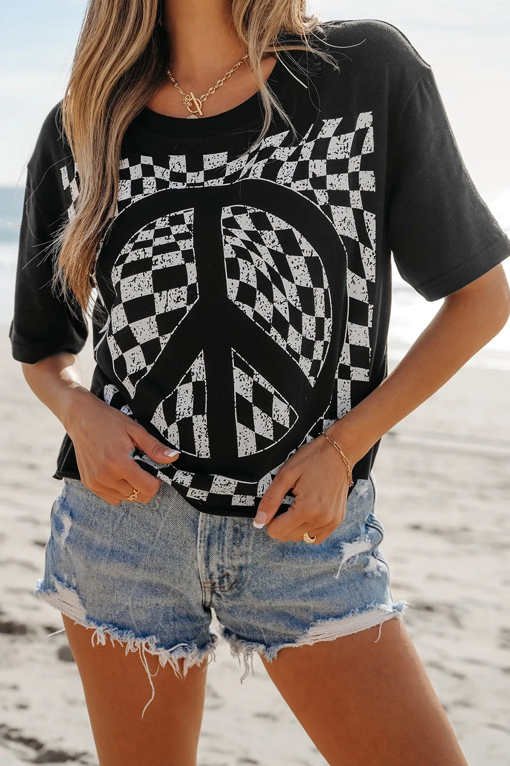 Checkered Peace Sign Round Neck T-Shirt | T-Shirts T-Shirt from PHUNKYN