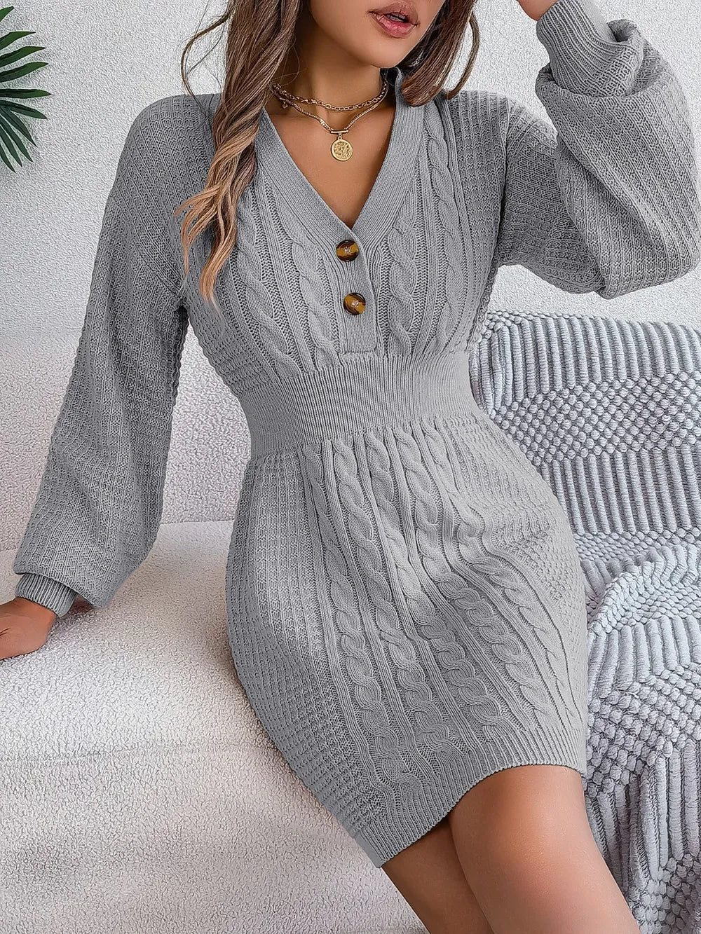 Buttoned Cable-Knit V-Neck Sweater Dress | Dresses Sweater Dress from PHUNKYN