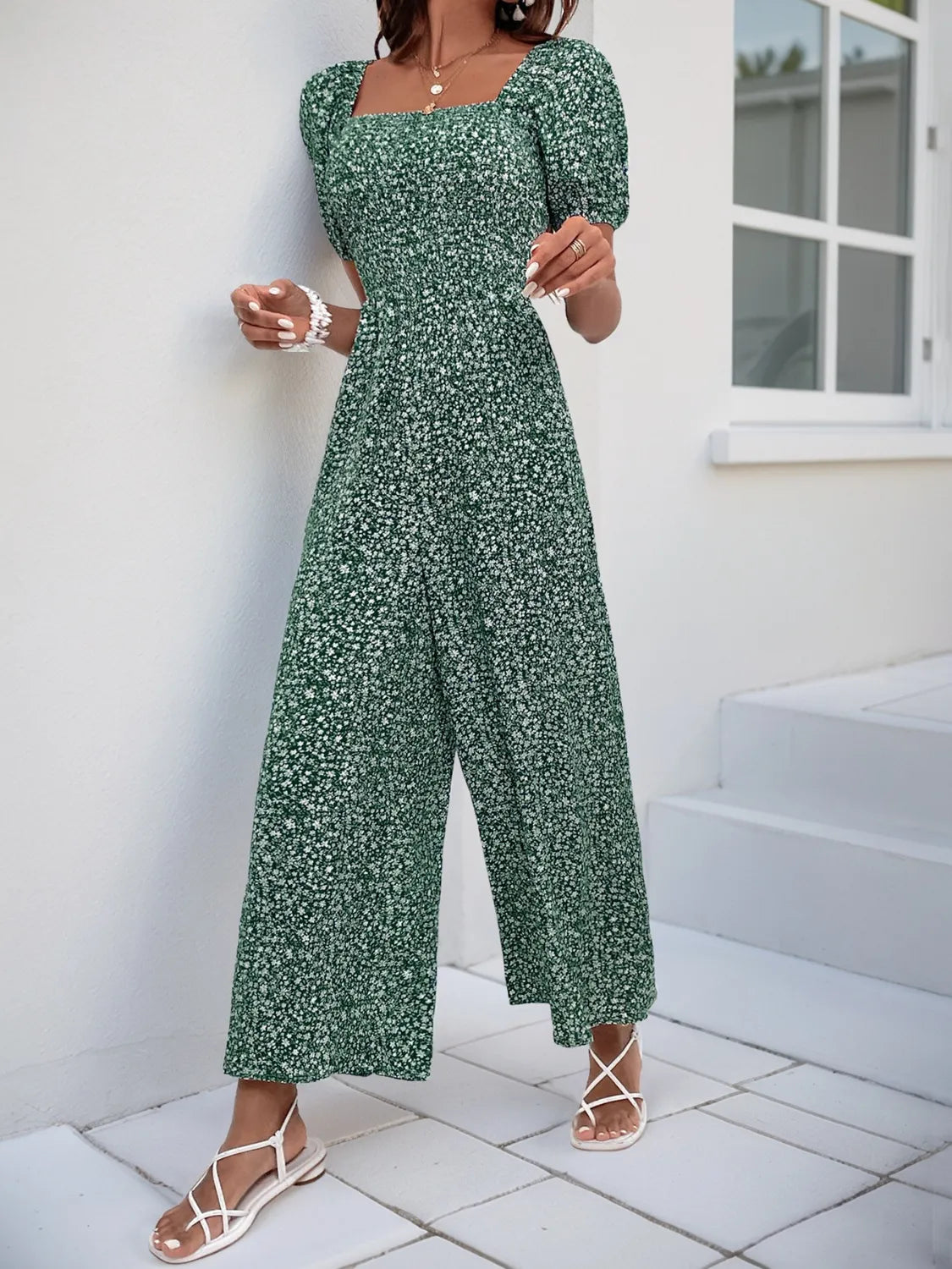 Printed Square Neck Puff Sleeve Jumpsuit | One-Pieces Jumpsuit from PHUNKYN