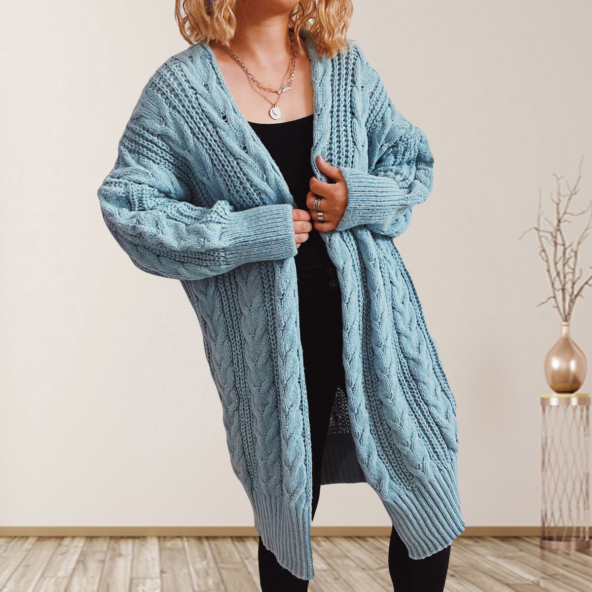 Cable-Knit Open Front Dropped Shoulder Cardigan | Cardigans Cardigan from PHUNKYN