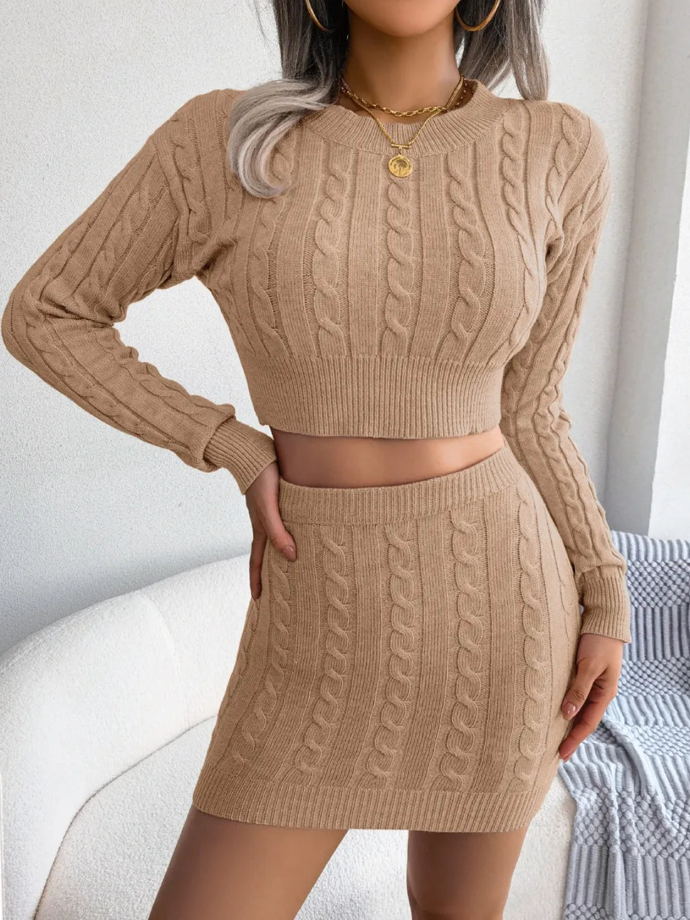 Cable-Knit Round Neck Top and Skirt Sweater Set | Outfit Sets Top and Skirt Set from PHUNKYN