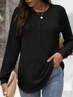 Ribbed Texture Round Neck Long Sleeve Rounded Hem Knit Top | Sweaters Sweater from PHUNKYN