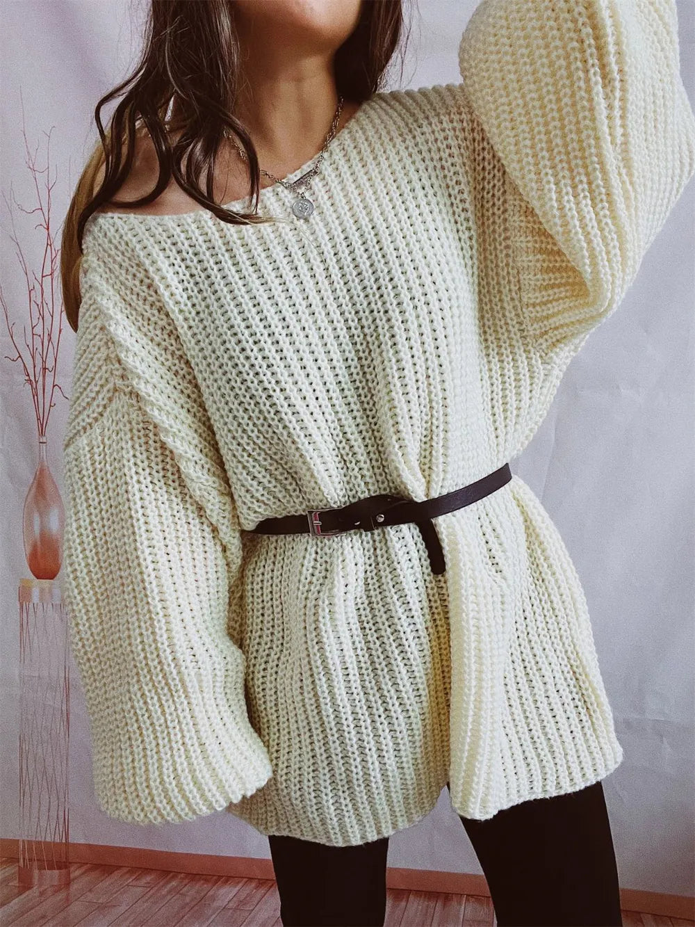 Boat Neck Long Sleeve Sweater with Belt | Sweaters Sweater from PHUNKYN