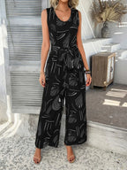 Devine Printed Round Neck Sleeveless Tie Waist Jumpsuit | One-Pieces Jumpsuit from PHUNKYN