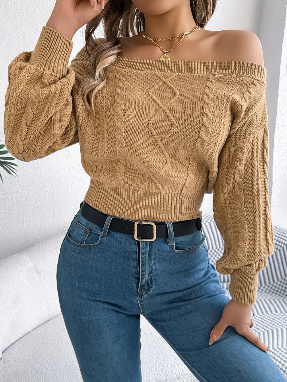 Cable Knit Off-Shoulder Long Sleeve Sweater | Sweaters Sweater from PHUNKYN