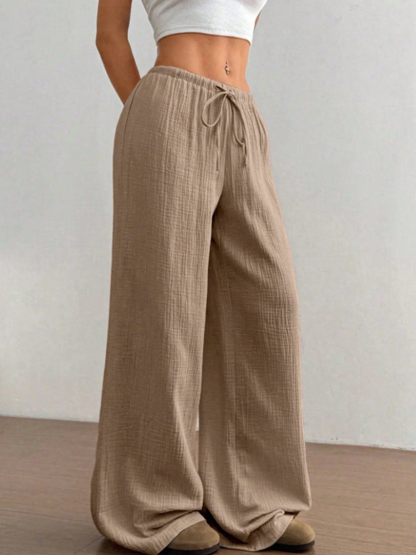 Wide Leg Drawstring Casual Pants | Trousers Wide Leg Pants Set from PHUNKYN