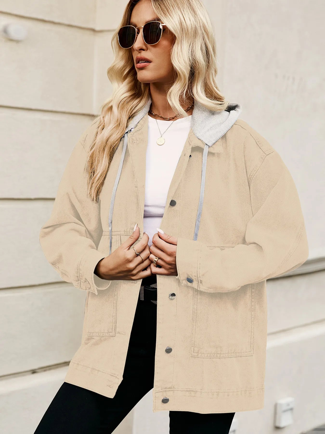 Oversized Button Up Denim Jacket with Hood | Jackets Jacket from PHUNKYN